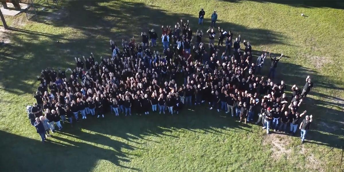 overhead view of a large group of smiling people