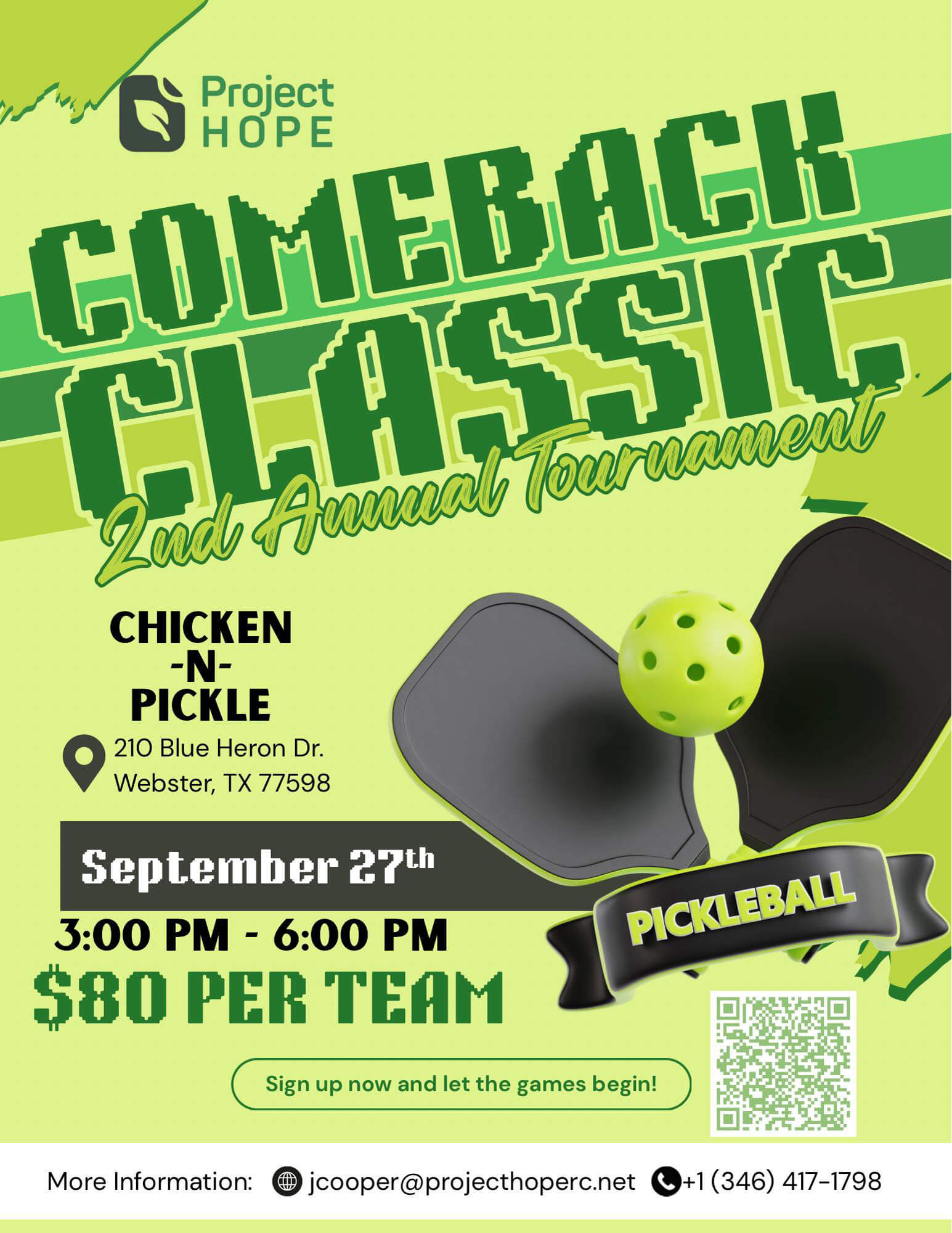 Promotional flyer for a community pickleball tournament fundraiser, featuring event details, registration information, and a bright, energetic sports-themed design.